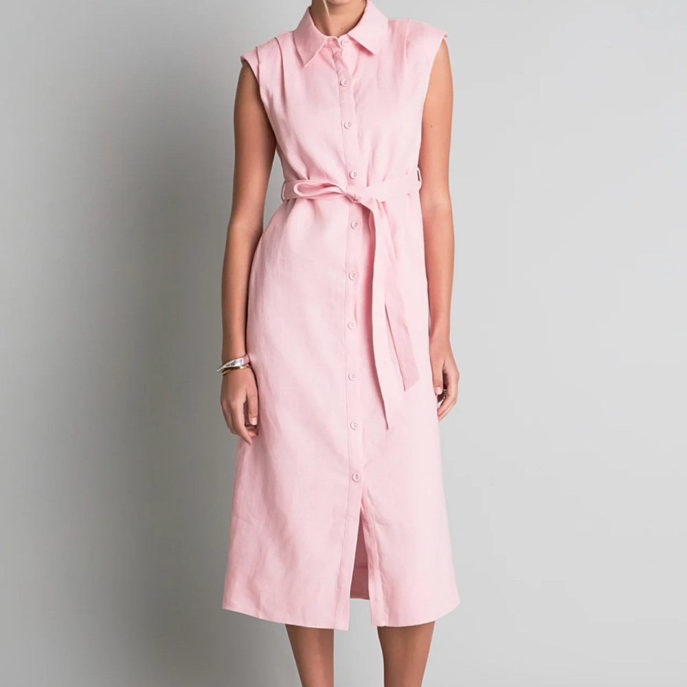 Pink Sleeveless Belted Shirt Dress Easter